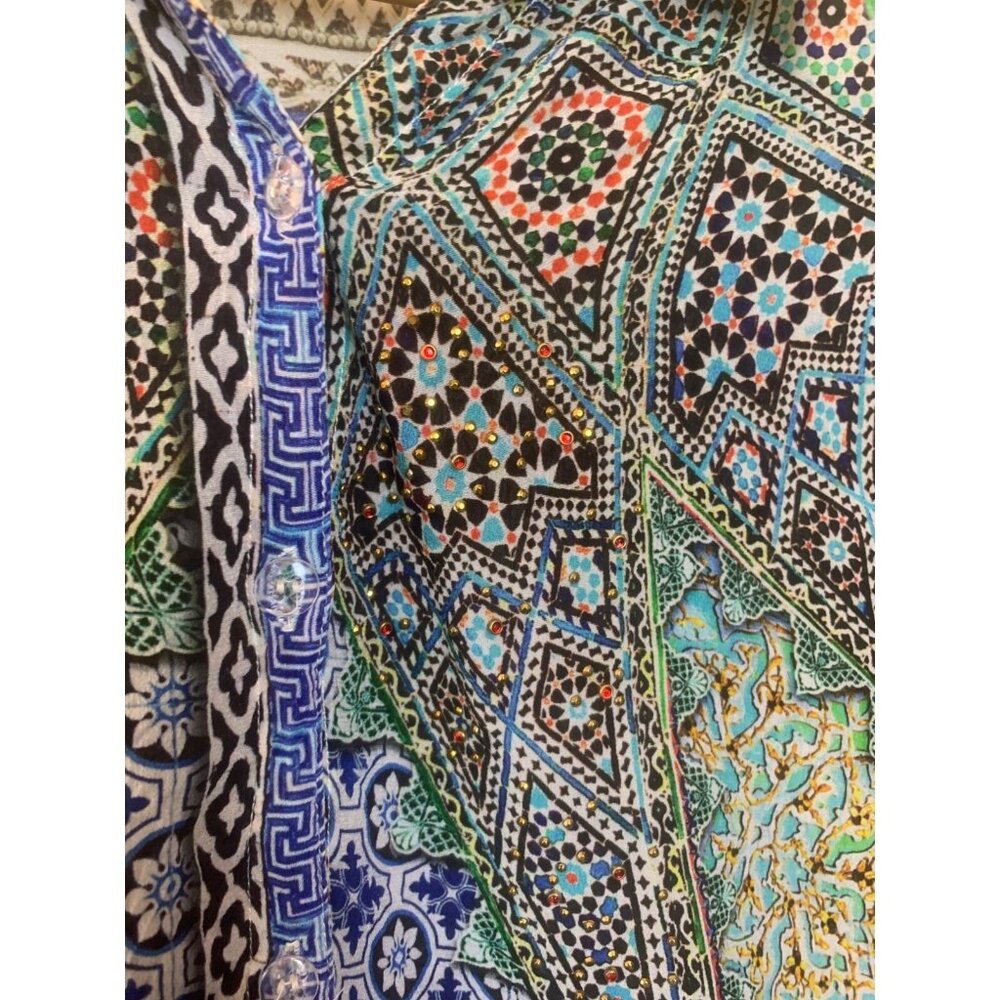JAYSHREE DALAL Women's Tunic Colorful Mixed Pattern Roll Tab Sleeve Gems Sz L/XL - Picture 7 of 11